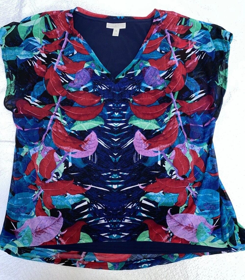 Dana Buchman XL Tropical Floral Blouse Resortwear Bold Coastal Grandma